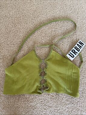 Urban Outfitters Olive Green Ribbed Halter Crop with Front Ring Detail